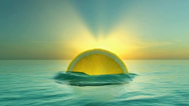 Lemon half and lemon slice in calm sea and ocean at sunrise, surreal citrus fruit floating on water with glowing horizon, serene sky, reflective sea, soft sunrise light