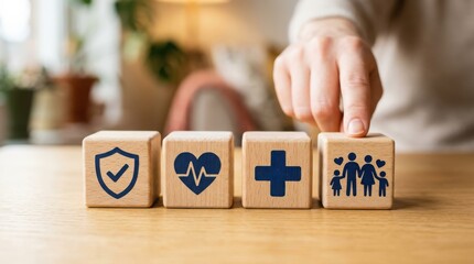 Fototapeta premium Fingers arranging health insurance concept blocks with family icon for protection