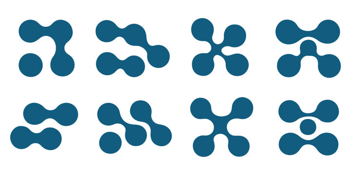 Diagonal metaball connected circles shape. Abstract nerve cell dots or computer nano net. Liquid oil curved morphs as molecule spotted waves. Rounded design elements for logo, tag, emblem,poster,icon.