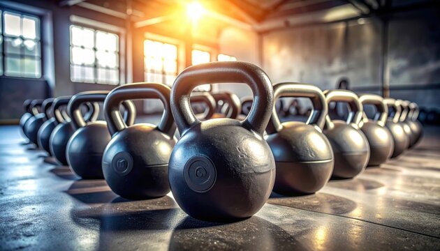 Close up of multiple heavy black kettlebells arranged in a gym with sunlight streaming through windows, ready for intense workout sessions