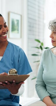 Nurse, old woman and smile with clipboard for discussion, notes or questions for medical report. Elderly person, healthcare professional and happy with wellness, checklist and consultation at clinic