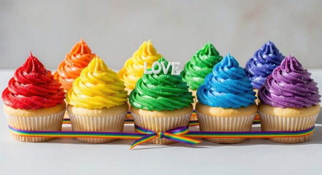 Colorful cupcakes with rainbow frosting and decorations on a tray