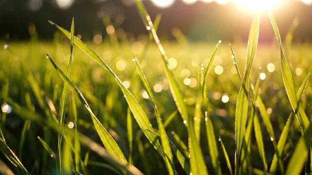 Golden morning sunlight illuminates vibrant green grass blades adorned with sparkling dew drops, capturing the essence of nature's fresh awakening