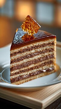 Slice of traditional Dobos torte cake with chocolate layers and carame