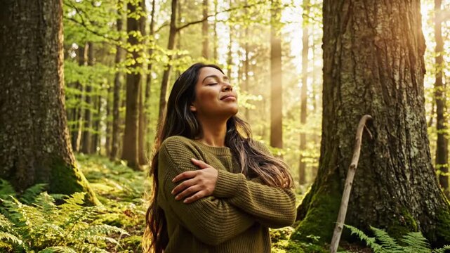 Woman embracing herself, breathing deeply and finding peace in nature's lush green forest, sunlight shining