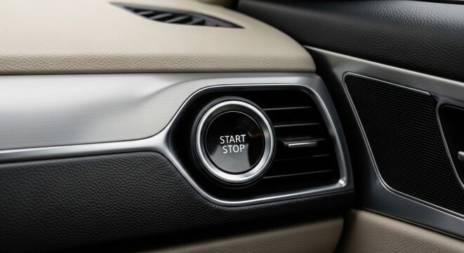Closeup of car interior with start stop button on dashboard
