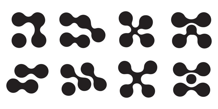 Diagonal metaball connected circles shape. Abstract nerve cell dots or computer nano net. Liquid oil curved morphs as molecule spotted waves. Rounded design elements for logo, tag, emblem,poster,icon.