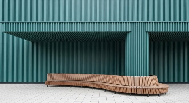 Modern wooden bench in front of green corrugated metal building exterior