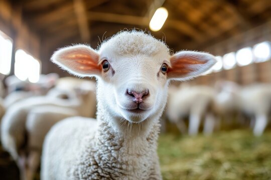 Lovely lamb looks at the camera inside a cattle barn with sheep in the background eating food
