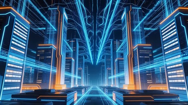 Futuristic cityscape with glowing buildings