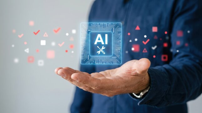 Hand holding glowing AI chip with digital interface and abstract data points
