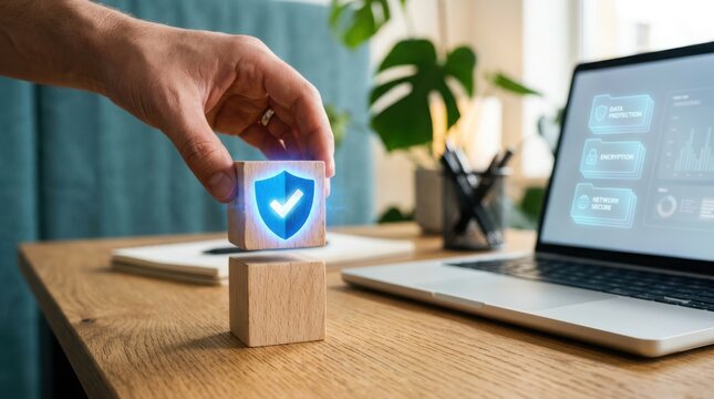 Hand places security block with glowing shield icon on desk near laptop and notebook
