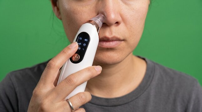 Woman using digital thermometer for health check at home with green background