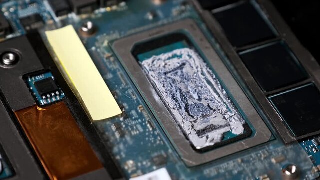 An extreme close-up view displays a computer processor die with old cracked thermal paste. The texture of the dried compound on the electronic motherboard emphasizes aging.