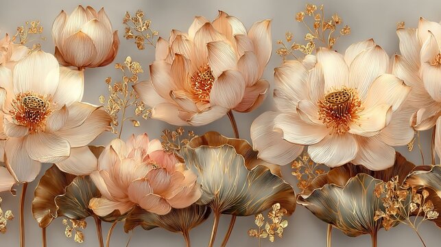 Neutral-Tone Lotus Blooms with Golden Detailing, Metallic Textured Floral Art for Luxury Wall Decor, Sophisticated Home and Office Interior Styling