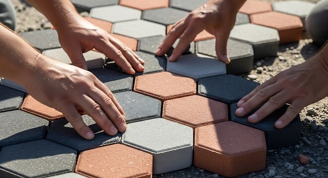 Workers installing hexagonal paving stones for outdoor patio or garden walkway