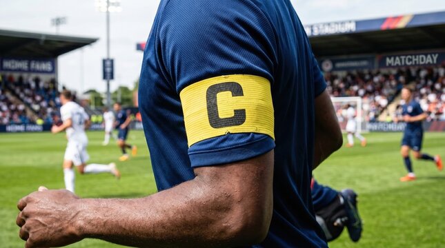 The football team captain wearing an armband with the letter 'C' leads his team in a professional stadium, setting an example for his fellow teammates 