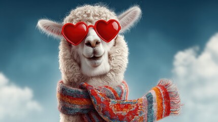 Obraz premium Fluffy llama wearing red heart shaped sunglasses and a colorful knitted scarf smiles against a blue cloudy sky.