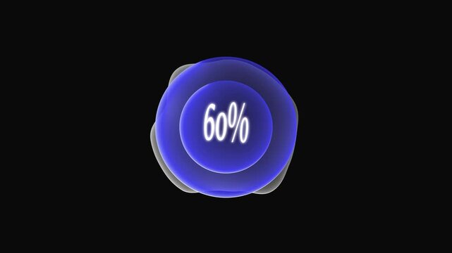 Blue circular progress badge displaying "58%" glowing on black background, glossy layered rings, futuristic glowing UI element