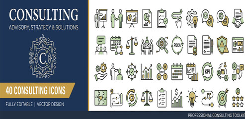 Fototapeta premium 40 essential vector line icons for business consulting, strategic planning, and advisory solutions, ideal for corporate presentations and digital content
