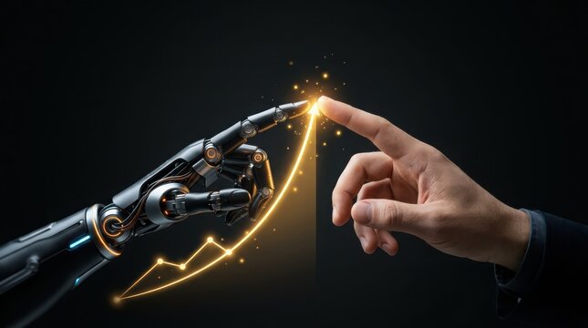 Human hand and robotic finger touch on glowing upward trend graph symbolizing progress
