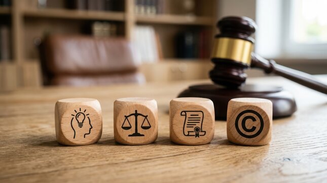 Legal concept cubes with copyright symbol in courtroom setting with gavel