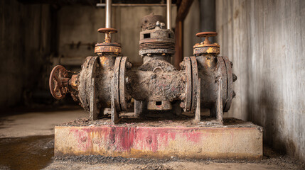 Fototapeta premium A close-up view of a rusty industrial pump, showcasing worn parts and textures in an abandoned factory setting.