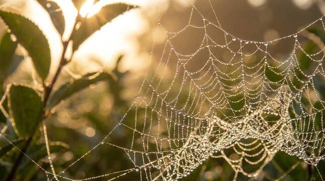 Cobweb covered in dew on leafy branch at sunrise