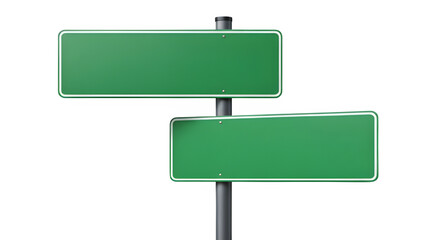 Obraz premium Two green blank road signs on a metal post isolated on transparent background