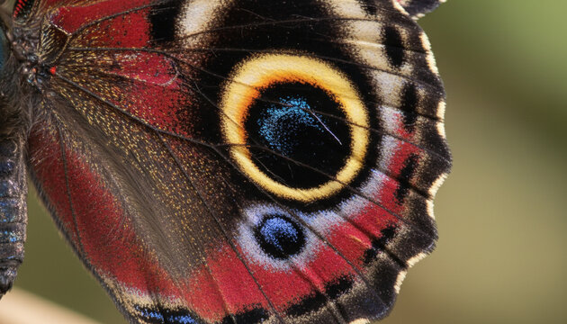 Close-up of vibrant red peacock butterfly eye pattern on leaf in nature