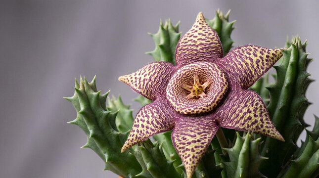 close-up of starfish cactus flower with green spiky leaves