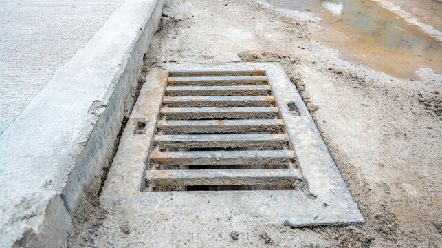 Close view of a steel floor drain, set in rough concrete. The surface is textured and wet, showcasing urban decay and maintenance needs.
