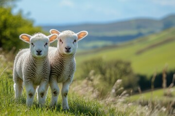 Naklejka premium Spring lambs play in the sunny Brecon Beacons National Park countryside during a bright day