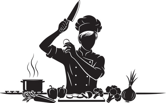 Chef preparing vegetables with knife and pot on stove kitchen
