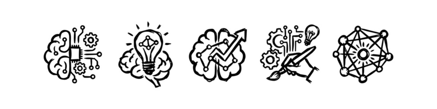Set of hand-drawn icons illustrating artificial intelligence concepts including machine learning, neural networks, creativity, and data analysis in a black and white sketch style.