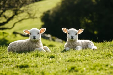 Naklejka premium Spring lambs relax in sunshine on a grassy hill in Brecon Beacons National Park