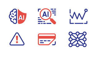 Fototapeta premium Artificial intelligence and data analysis related symbols including AI brain, search, graph, warning, credit card, and network