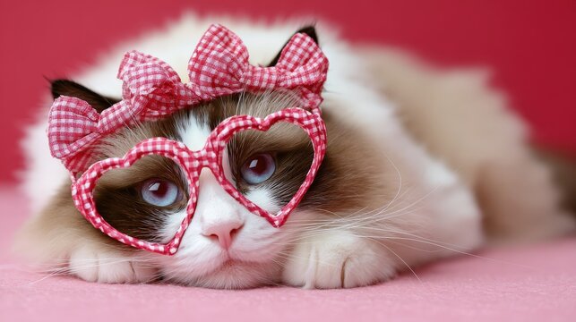 Fluffy ragdoll cat wears heart shaped glasses and a matching bow on a pink background.