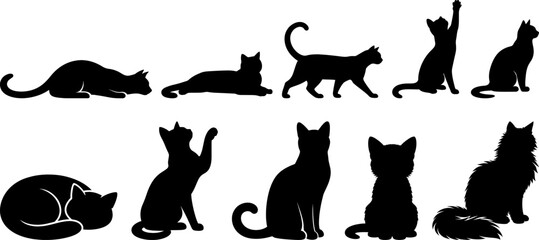 Black cat silhouette set, feline poses illustration of  sitting walking sleeping vector isolated © T-Artist Studio
