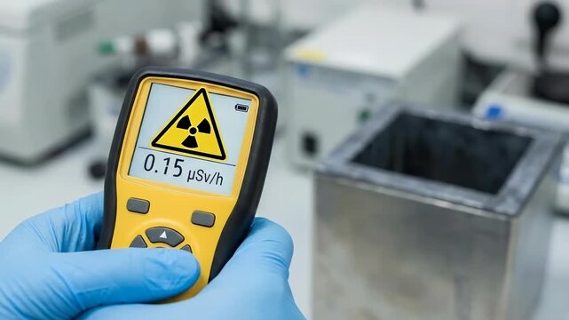 Geiger counter, handheld device detecting radioactive dose, displaying current radiation level, held by a gloved scientist hand, during a laboratory safety measurement.