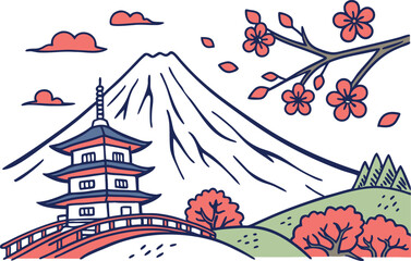 Fototapeta premium Realistic Mount Fuji Snow Covered Peak Scene. Mount Fuji Japan Landscape Nature View. Realistic Mount Fuji Sunrise Scenic View. Mount Fuji Iconic Japanese Mountain Landscape. Realistic Mount Fuji