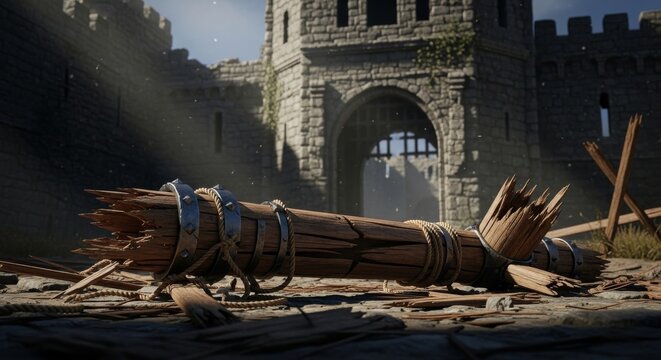 Broken Wooden Battering Ram Before Castle Ruins