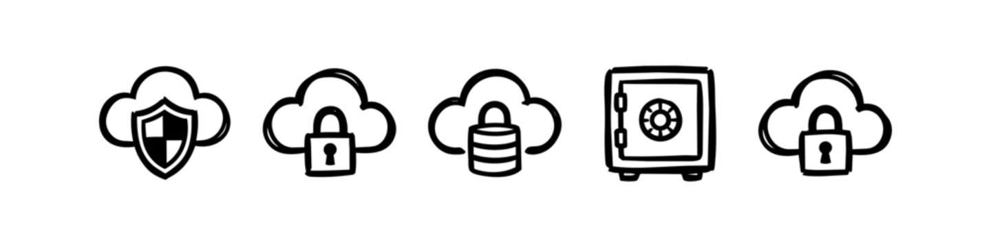 Hand-drawn cybersecurity and cloud storage icons set including clouds with shields, padlocks, databases, and a safe. Concept of data protection and privacy in a sketch doodle style on white.