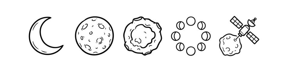 Set of hand-drawn space and moon icons in a simple black line art style, featuring lunar phases, full moon, crescent, asteroid, and satellite, isolated on white background. © Trends