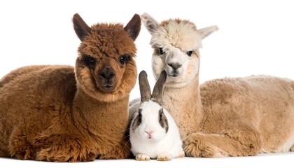 Fototapeta premium Three furry creatures, two alpaca and a bunny, are seen together in a studio setting, against a white background
