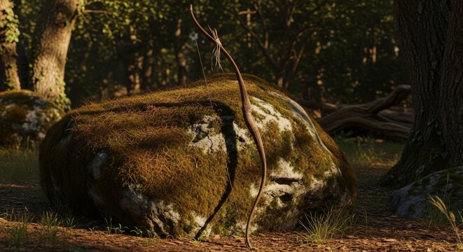 A Broken Wooden Longbow Rests on Mossy Rock