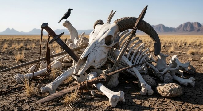 Animal Skull and Bones with Crow in Arid Landscape