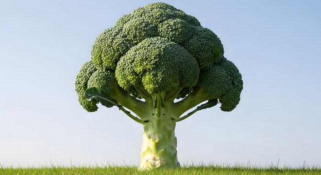 Surreal giant broccoli tree growing on a grassy field, creative conceptual photography