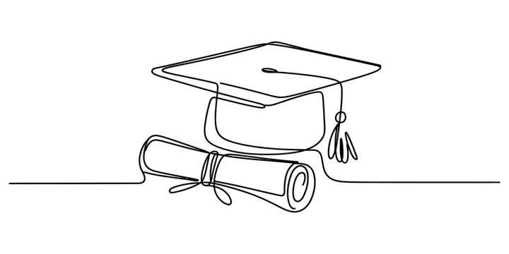 Continuous single line drawing of a graduation cap and a rolled university diploma scroll for student academic achievement success Vector, illustration