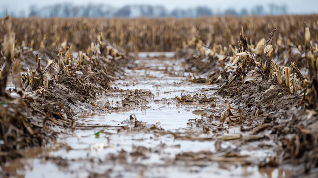 A flooded cornfield showing waterlogged crops and muddy paths, highlighting the effects of excess rainfall on agriculture.